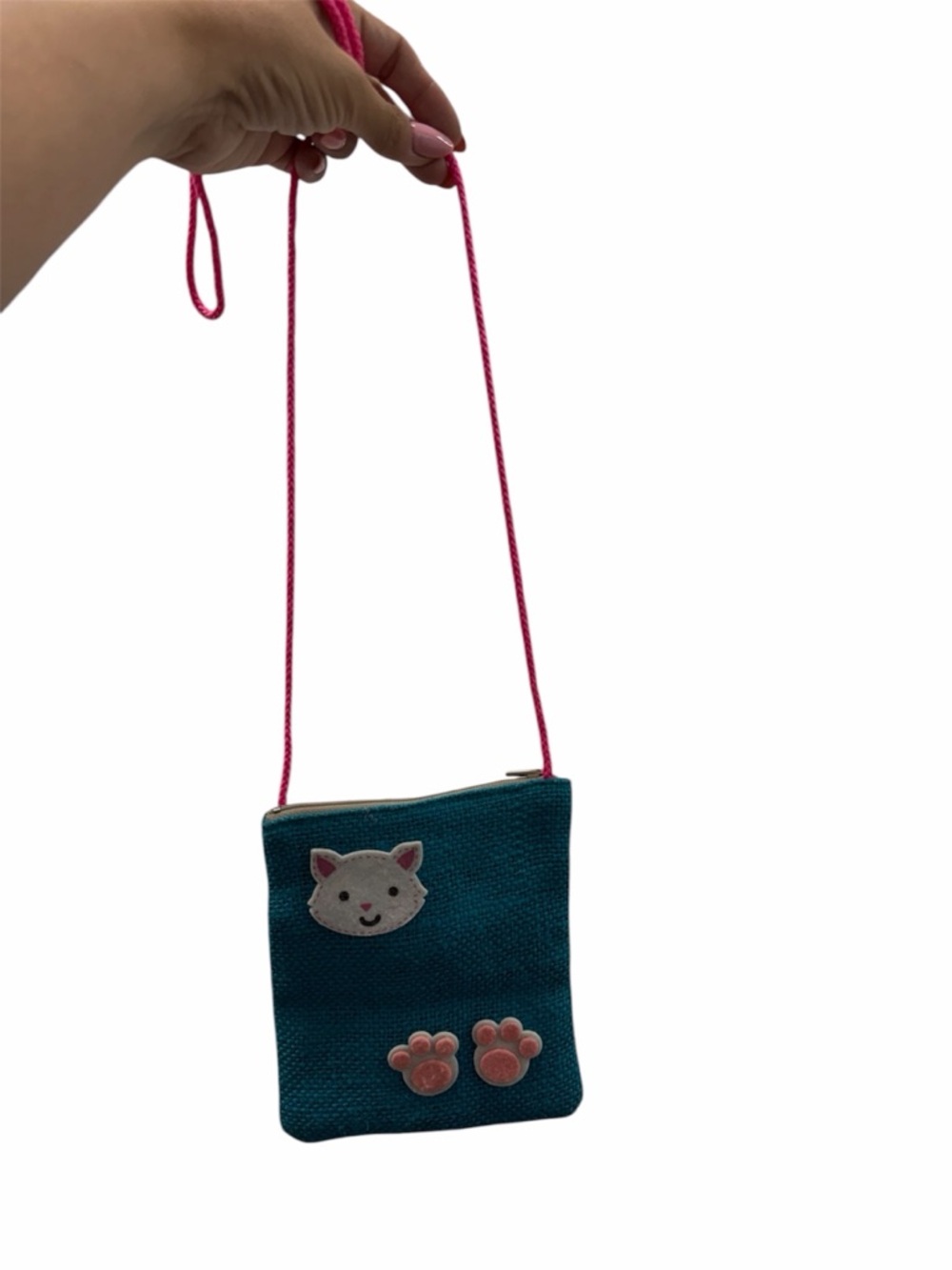 Small Teal Crossbody Bag with Pink Strap and Cute Cat Patches
